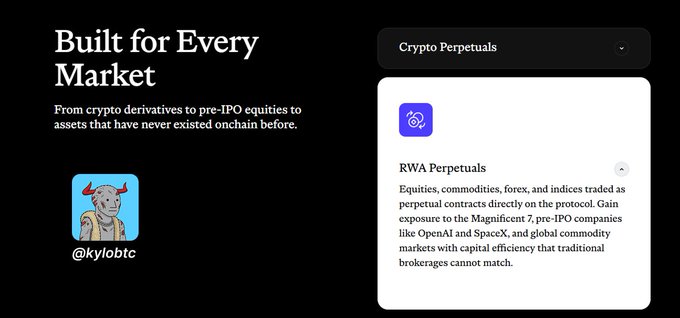 A dark-themed promotional webpage titled 'Built for Every Market' with the tagline 'From crypto derivatives to pre-IPO equities to assets that have never existed onchain before,' alongside a Twitter/X avatar labeled '@kylobtc' and a Crypto Perpetuals section highlighting 'RWA Perpetuals' for equities, commodities, forex, and indices, mentioning companies like OpenAI and SpaceX.
