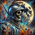 A colorful, stylized painting of a skull wearing an astronaut helmet, set against a cosmic background with stars and planets.