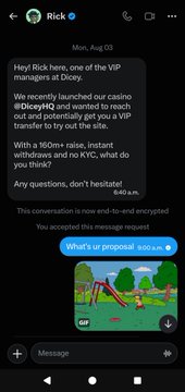 A screenshot of a Twitter DM from a "VIP manager" named Rick at DiceyHQ offering a "1600 m¥ raise" to test their casino site, accompanied by a low-effort GIF response "What's ur proposal ? Gif.." mocking the unprofessional outreach.