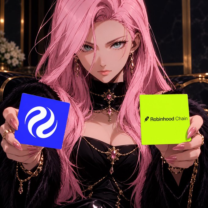 Anime-style illustration of a pink-haired woman in dark gothic attire holding up two cards—one blue with a white wave logo and one green labeled 'Robinhood Chain'.