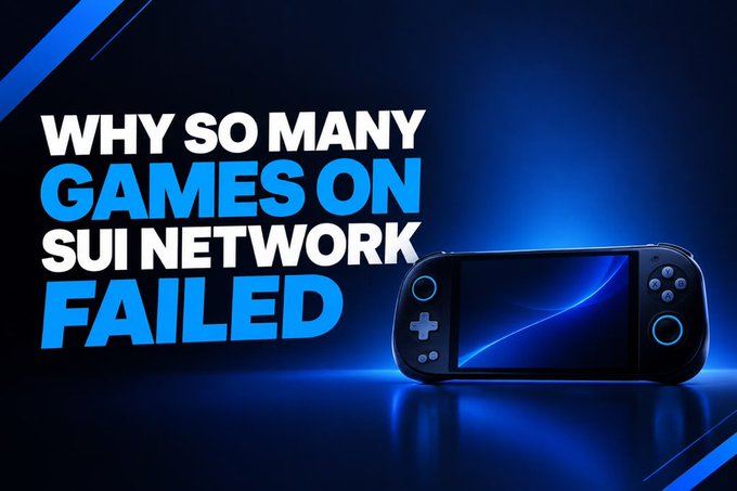 A promotional graphic displays bold text 'WHY SO MANY GAMES ON SUI NETWORK FAILED' next to a handheld gaming console against a blue background.