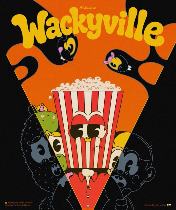 A vibrant poster reading 'Welcome to Wackyville' featuring an anthropomorphic popcorn bucket character with sunglasses surrounded by quirky cartoon creatures in orange and black.