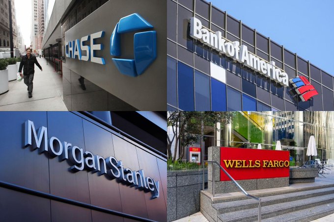A four-image collage shows the exterior signage of major banks: Chase, Bank of America, Morgan Stanley, and Wells Fargo.