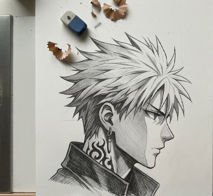 A detailed pencil sketch drawing of an anime character with spiky white hair in profile view, with pencil shavings and an eraser resting on the paper.