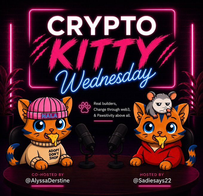 A neon-styled podcast graphic titled 'CRYPTO KITTY Wednesday' featuring two cartoon cats with a hamster on one's head, co-hosted by @AlyssaDerstine and hosted by @Sadiesays22.