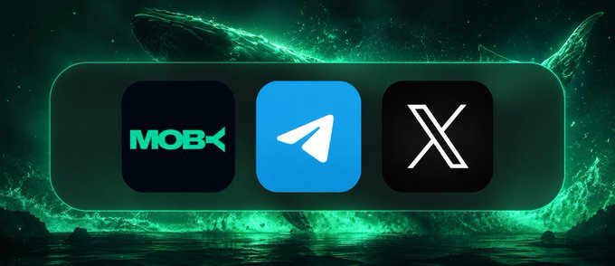 Three app icons displayed in a glowing green-themed banner: "MOBX," Telegram, and X (formerly Twitter), representing essential tools for navigating the cryptocurrency bull run.