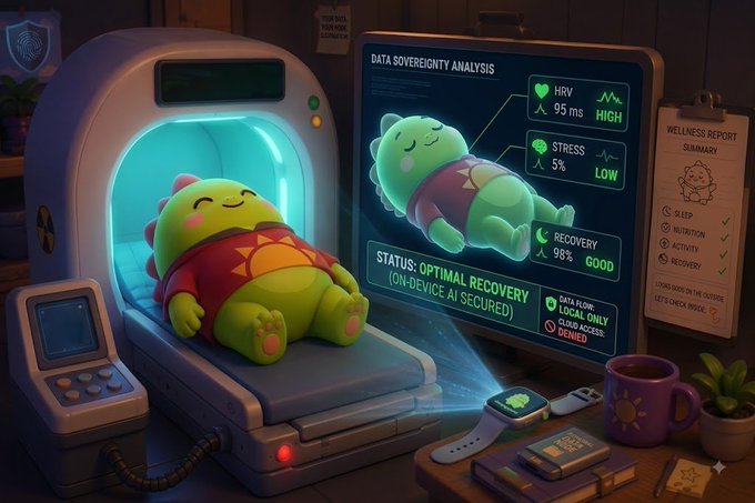 A cute green cartoon character resting on a futuristic medical scanner bed, with a holographic display showing 'DATA SOVEREIGNTY ANALYSIS,' vital signs (HRV, STRESS, RECOVERY), and a 'STATUS: OPTIMAL RECOVERY' notification next to a 'WELLNESS REPORT SUMMARY' clipboard.