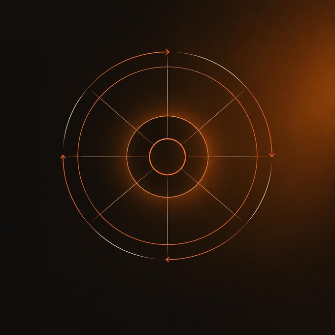 An abstract graphic displays concentric circles with crosshair lines and directional arrows glowing in orange against a dark, shadowy backdrop.