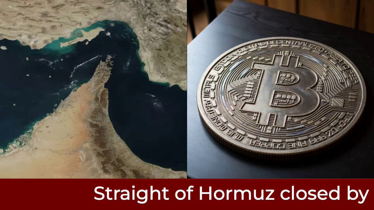 The image shows a coin with the word "bitcoin" written on it, placed on top of a table. The background of the image features a map of the Strait of Hormuz, which has been closed by Iran. The text "Straight of Hormuz closed by Iran" is visible in the image. The coin remains unbothered by this news and shows modest gains over time.