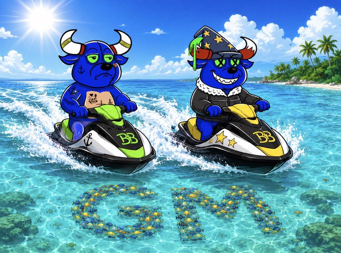 Two blue cartoon bulls wearing Viking horns ride jet skis across a tropical beach, with the letters "GM" formed by tropical flowers visible in the water below and "BB" displayed on their watercraft.

The image complements the post's Friday "GM" greeting and weekend vibes by depicting a fun, playful summer scene that matches the call to "have some fun" and "scoop" NFTs to close out July.