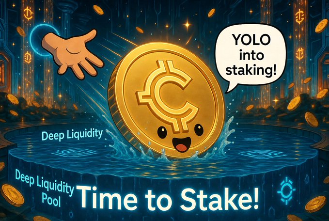 A cute cartoon gold coin splashes into a glowing "Deep Liquidity Pool" as a hand reaches to grab it, with a speech bubble shouting "YOLO into staking!" and bold text reading "Time to Stake!" — playfully illustrating the post's tongue-in-cheek guide of simply staking coins and watching them shoot out at Kintsu.