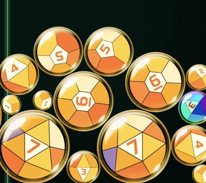 A digital illustration of glossy orange and gold sphere-shaped objects featuring numbers and geometric patterns, with one purple/green sphere marked '3', set against a dark background.