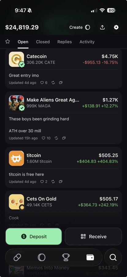 A screenshot of a crypto portfolio app showing a balance of $24,819.29, with watchlist entries including 'Catecoin' (306.20K CATE) at $4.75K, 'Make Aliens Great Again' (999K MAGA) at $1.27K, 'titcoin' (1.60M titcoin) at $505.25, and 'Cets On Gold' (49.14K CETS) at $505.17.