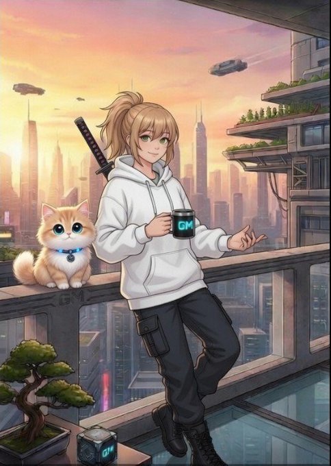 An anime-style illustration shows a girl in a white hoodie holding a 'GM' mug next to a cute cat, with a futuristic cityscape at sunset.