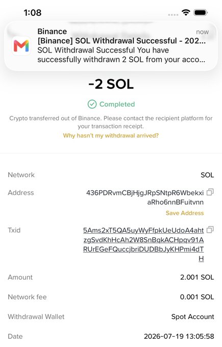 A Binance notification confirms a successful -2 SOL withdrawal to address 436PDRvmCBjHtgJRpSNtpR6WbekxiaRho6nnBFuitvnn, with the post announcing the recipient as @sol_bullishbull receiving 2 SOL (~$150) as a giveaway reward.