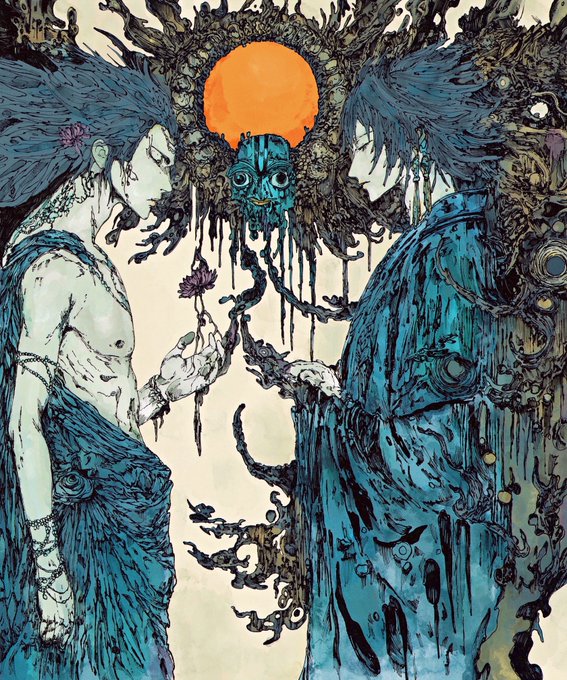A detailed, dark fantasy illustration of two ethereal figures with flowing hair holding flowers, flanking a central skull-like entity beneath an orange sun, with blue organic tendrils dripping downward.