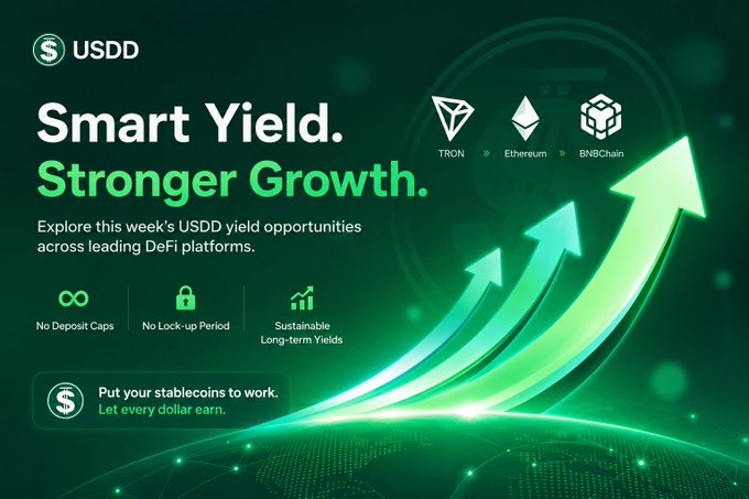 The image features a green background with white text that reads "Smart Yield. Stronger Growth." The text also includes three symbols, one of which is a green arrow pointing upwards. These symbols are related to the crypto world, as they represent different cryptocurrencies such as Bitcoin and Ethereum. The post suggests that users can explore these new opportunities across leading DeFi platforms like USDD, potentially gaining access to stablecoins or other digital assets for their portfolios.