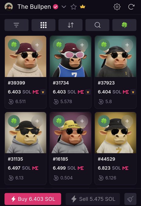 The image shows a screenshot of the "The Bullpen" NFT marketplace displaying six collectible bull avatars priced between 6.403 and 6.823 SOL, with prices like #39399 (6.403 SOL), #31734 (6.403 SOL), and #44529 (6.823 SOL). The post expresses nostalgia for other NFT projects while highlighting a discounted Bullpen NFT available for as low as 0.5 SOL, matching the displayed listings.