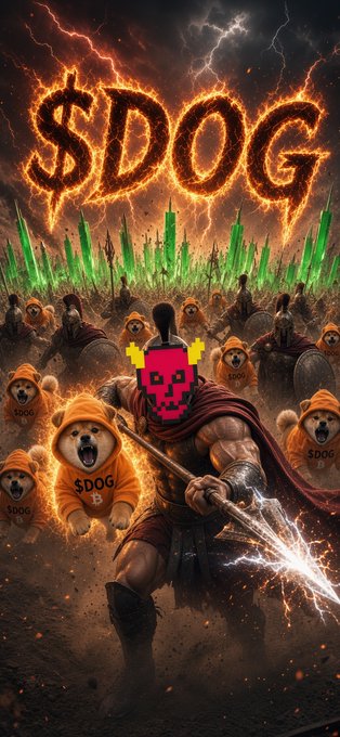 A dramatic digital artwork depicts a warrior in a red cape wielding a glowing spear, leading an army of Shiba Inu dogs in orange '$DOG' hoodies, with a green crystalline skyline and lightning in the background.