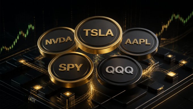 3D-rendered gold and black token coins labeled with stock tickers NVDA, TSLA, AAPL, SPY, and QQQ, displayed on a dark circuit board with green candlestick charts in the background.