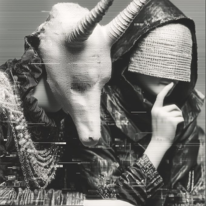 A surreal black and white image shows a figure wearing a goat skull mask alongside another figure whose face is obscured by a patterned mesh, with glitch art effects.