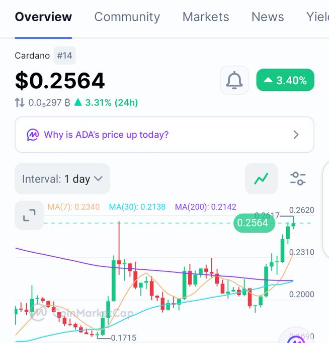 A cryptocurrency trading chart showing Cardano (#14) priced at $0.2564, up 3.40%, with moving averages (MA7, MA30, MA200) and a candlestick chart on a 1-day interval.