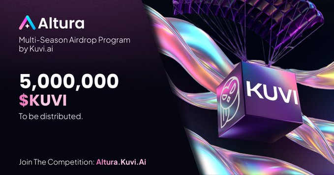 A promotional graphic for 'Altura Multi-Season Airdrop Program by Kuvi.ai' advertising '5,000,000 $KUVI To be distributed' with a 'KUVI' branded parachute box illustration.