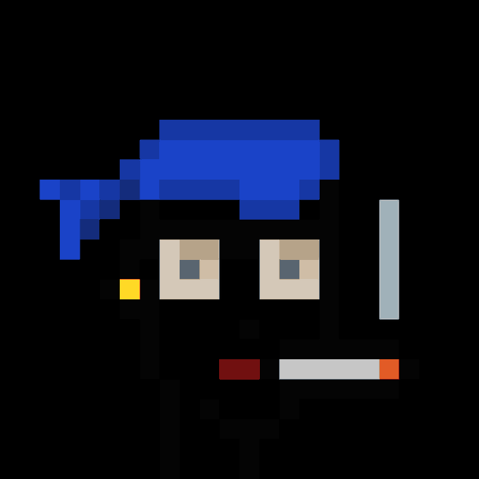 A pixel art portrait of a character with blue hair, tan skin, and blue eyes, holding a cigarette with a red filter, set against a black background.