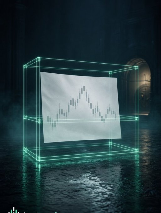 A moody, dark scene featuring a glowing green wireframe cube containing a printed candlestick chart, sitting on a wet floor in what appears to be an old building.