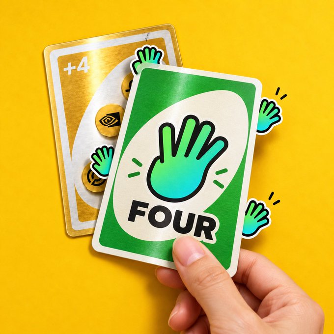 A hand holds a green 'FOUR' card from what appears to be a card game against a yellow background, with a gold '+4' card visible behind it.
