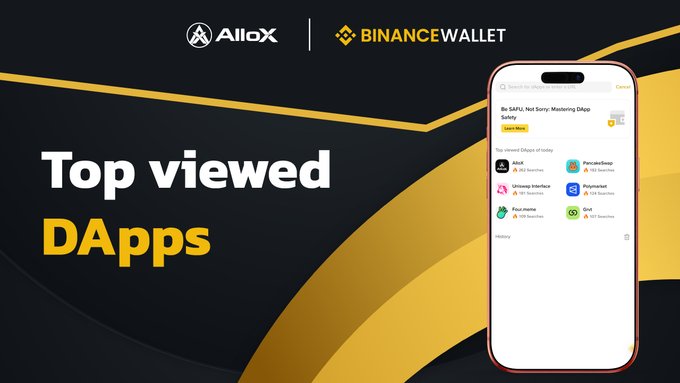An advertisement banner featuring AlloX and Binance Wallet logos, promoting 'Top viewed DApps' alongside a smartphone mockup showing a dApp list.