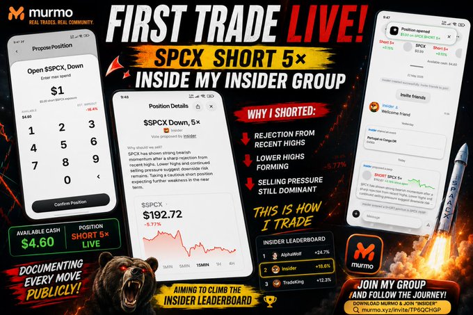 The image features an advertisement promoting a cryptocurrency trading platform called SPCX. It showcases a black background with white text and various images related to the crypto market. On one side of the screen, there's a screenshot of a bear, likely representing Bitcoin or another cryptocurrency. In the center, there are some texts, including one that reads "First trade live! SPCE Short 5x Inside my Insider Group". The screen also includes an image of a bear with the text "Inside my Insider group" below it. Additionally, the image displays a phone number and an email address for a trading platform called Murmo.