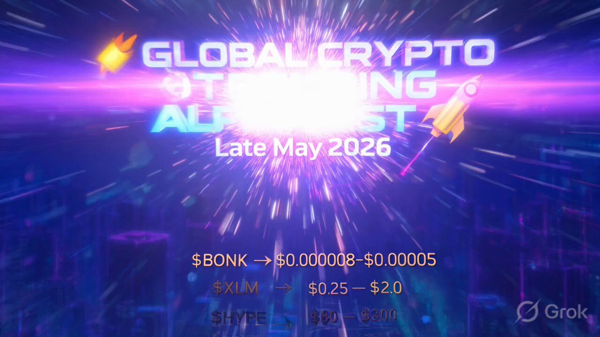 The image features a poster for a global crypto event, which includes a large explosion of purple light at the center with the text "Global Crypto" written above it. The poster also displays various logos related to the event, such as a rocket ship logo on the right side and an XLM logo in the bottom left corner. The event is scheduled for late May 2026, and there are three different types of coins listed: BONK, XLM, and PENGU.