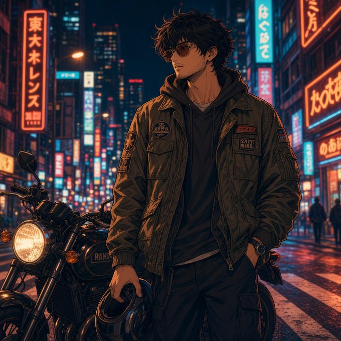Anime-style illustration of a young man with messy black hair, sunglasses, and a military-style green jacket standing beside a motorcycle on a neon-lit city street at night with Japanese signage.