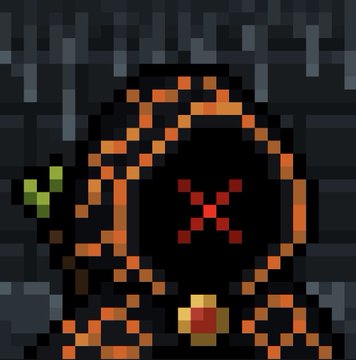 A pixel art illustration of a hooded figure in an orange cloak with a red X marking on its face, standing against a dark stone brick wall background.