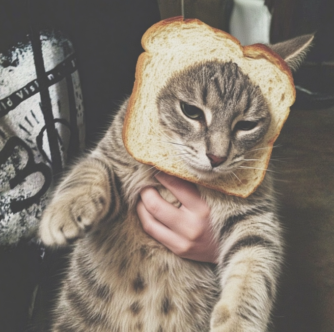 A tabby cat is humorously shown with a slice of bread wrapped around its head like a hood, being held by a person's hand.