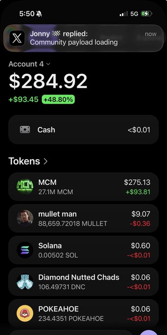 A mobile crypto wallet app showing Account 4 balance of $284.92 (+$93.45, +48.80%) with token holdings including 27.1M MCM ($275.13), 88,659.72018 MULLET ($9.07), Solana, Diamond Nutted Chads, and POKEAHOE.