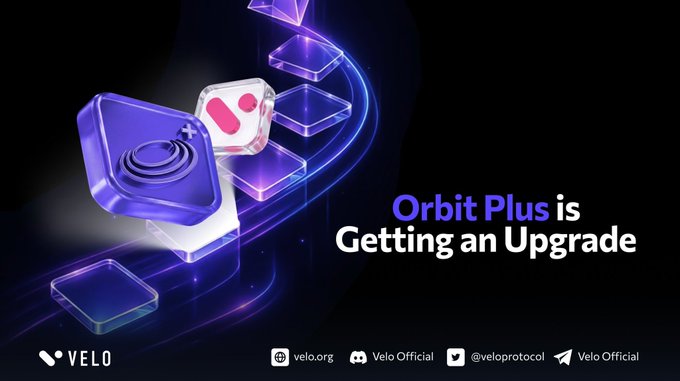 This is a sleek promotional graphic for Velo Protocol announcing that "Orbit Plus is Getting an Upgrade," featuring a stylized 3D rendering of purple and white blocks with a swooping orbital light trail design. The VELO logo appears in the bottom left, with contact details "velo.org" and social handles (@veloprotocol, Velo Official) across the bottom, tying in nicely with the celebratory "$VELO" post.