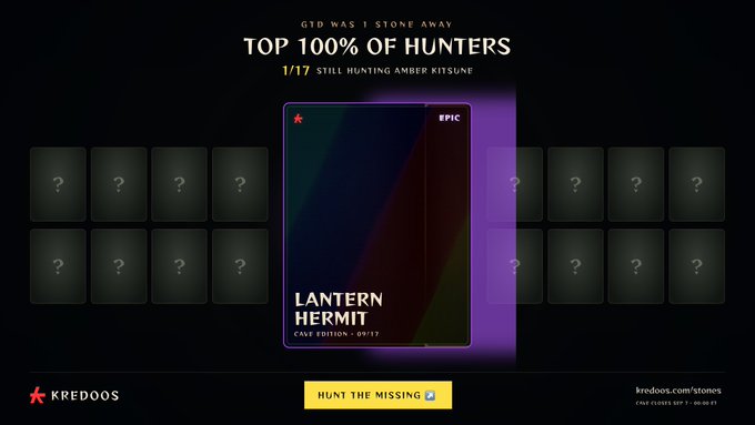 A digital collectible interface for 'KREDOOS STONES', highlighting '1 STD WAS 1 STONE AWAY' and 'TOP 100% OF HUNTERS', featuring an 'EPIC LANTERN HERMIT CASE EDITION' card.