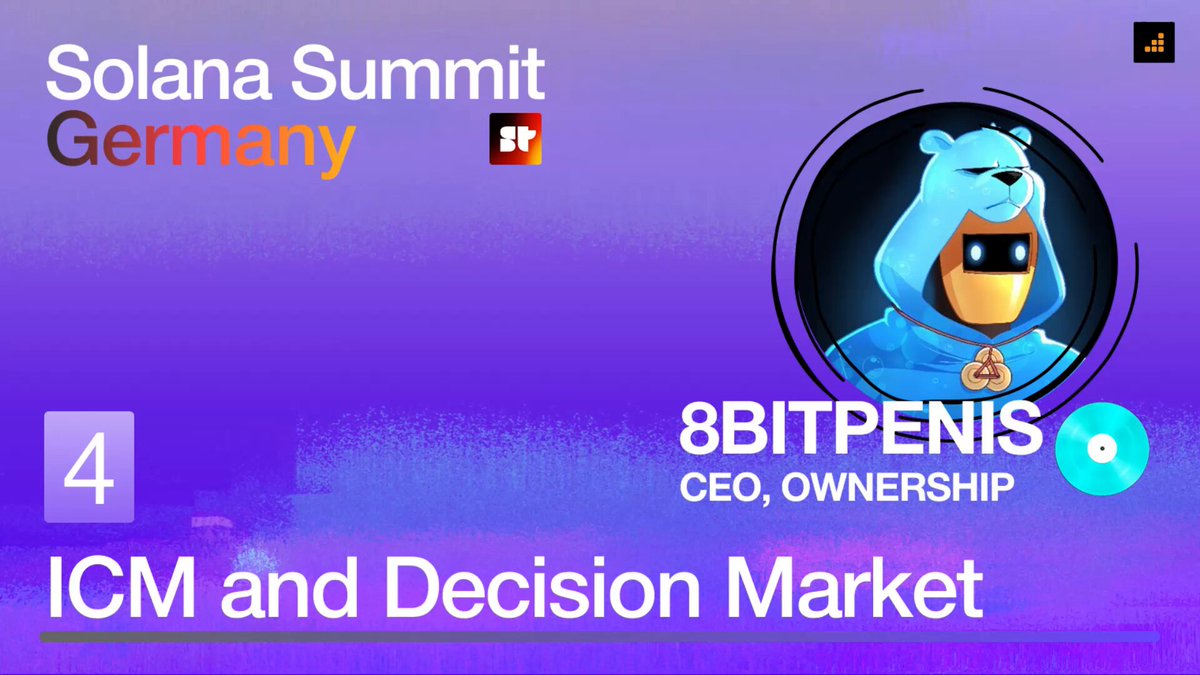 The image features a purple background with white text. The title "SOLANA SUMMIT Germany" is displayed at the top center of the image. Below this, there are two lines of text that read "4 ICM and Decision Market". At the bottom right corner of the image, there's another line of text that says "@ownershipfm is here to cover the rise of native internet capital markets at this moment, it seems like decision markets are the best tool that allows trustless/trust-minimized capital formation and all of our listeners get a front row seat pretty exciting, if you ask me".
