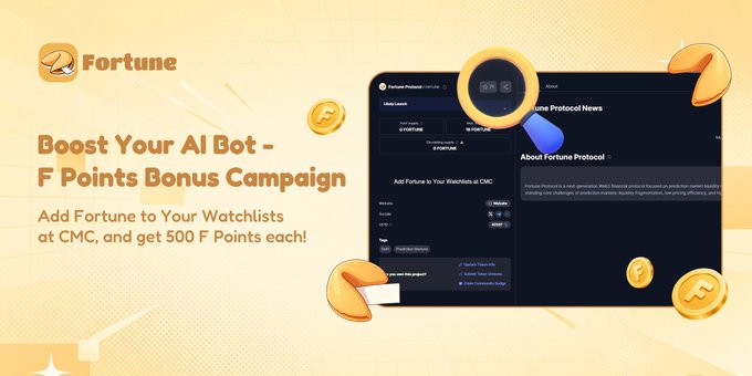 The image is a promotional banner for Fortune Protocol's "Boost Your AI Bot - F Points Bonus Campaign," featuring the Fortune logo and text instructing users to "Add Fortune to Your Watchlists at CMC, and get 500 F Points each!" alongside a mockup of the CoinMarketCap (CMC) watchlist interface with various coin icons and an "About Fortune Protocol" section.

The image relates to the post by visually announcing the campaign wrap-up, highlighting the 500 F Rewards prize that the 20 lucky participants won to unlock the AI Bot.