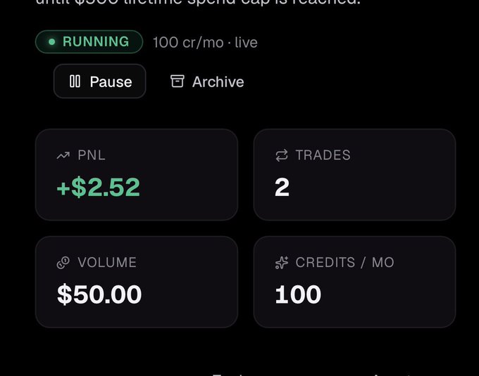 The image shows a screenshot of an app's user interface, which features various buttons labeled with numbers. The main focus appears to be the "Running" button. This information could be related to the app's function or feature; for example, it may show running times, tracked expenses, or progress made towards achieving a goal. The post details this specific automation test and its results, possibly on Ethereum AI, in which various strategies were tested with different caps of capital ranging from $2.52 to $50. The users are notified via a green bar whenever they have made some gains during the testing process.
