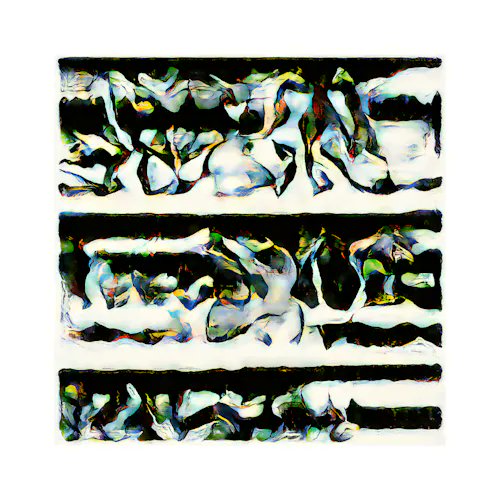 An abstract artwork featuring horizontal bands of distorted, wave-like patterns in black, white, blue, and green colors.