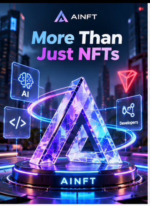 A promotional graphic for AINFT with the headline 'More Than Just NFTs', showing a glowing triangular logo surrounded by icons for AI, code, and developers.