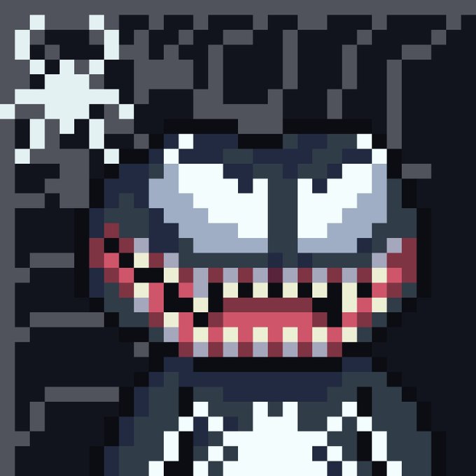 A pixel art image depicting a dark figure with glowing white eyes, a wide toothy red smile, and a spiked crown against a black background.