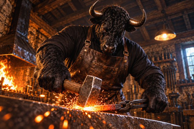 A minotaur blacksmith with large horns, wearing a leather apron, hammers a glowing piece of metal on an anvil in a warmly lit forge, sending sparks flying.