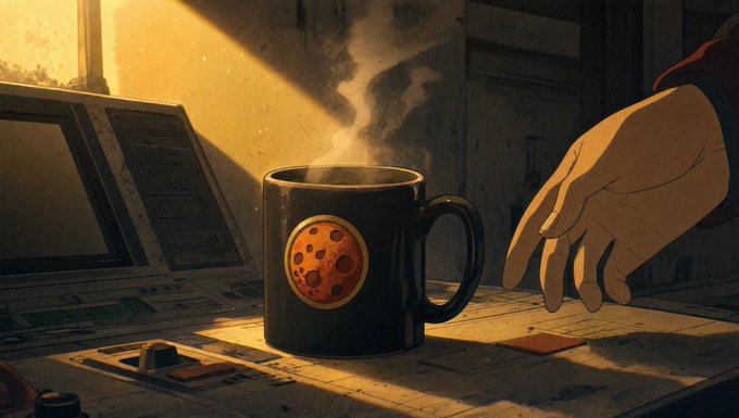 A steaming black mug featuring a Mars-like planet emblem sits on a sunlit control console as a hand reaches toward it, evoking a cozy morning ritual in a retro-futuristic space setting. The planet insignia on the mug ties directly to the post's "Good morning $MarsCoin" greeting, symbolizing a caffeine-fueled start to the day for Mars-themed crypto enthusiasts.