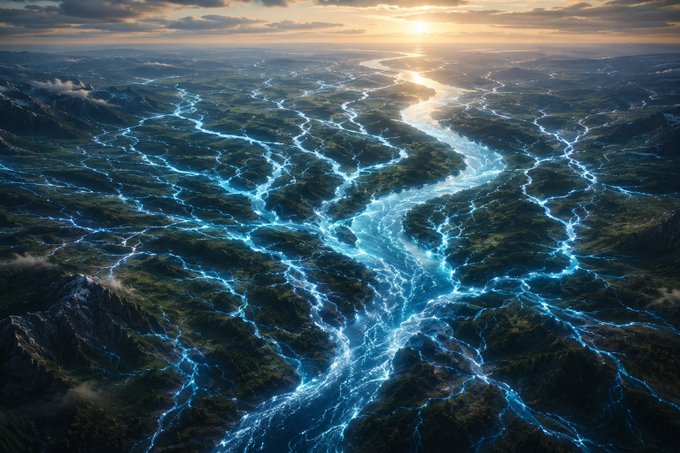 An aerial, surreal landscape showing a glowing blue river system branching like veins across green terrain under a sunset sky.