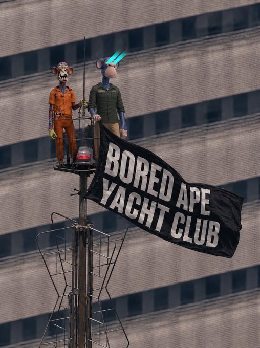 Two Bored Ape Yacht Club NFT figures in orange prison jumpsuits displayed on a structure, flying a black 'BORED APE YACHT CLUB' flag against a city backdrop.
