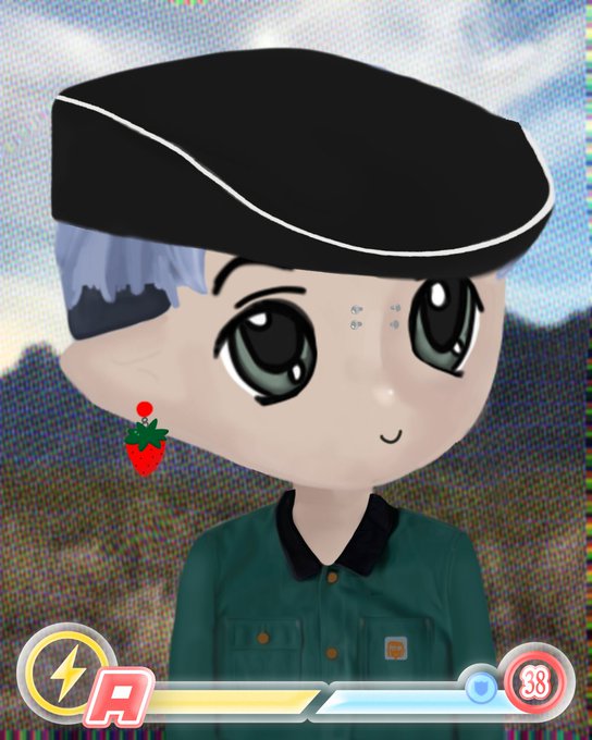 A cartoonish 3D avatar character with silver hair, black beret, and strawberry earring wears a green shirt, displayed over a fighting game interface with '38' health indicator.